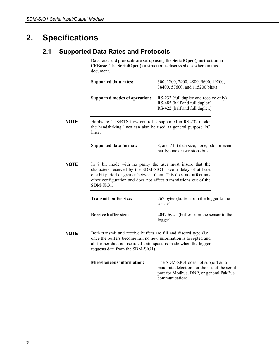 Specifications, 1 supported data rates and protocols, Supported data rates and protocols | Campbell Scientific SDM-SIO1 Serial Input/Output Module User Manual | Page 8 / 34