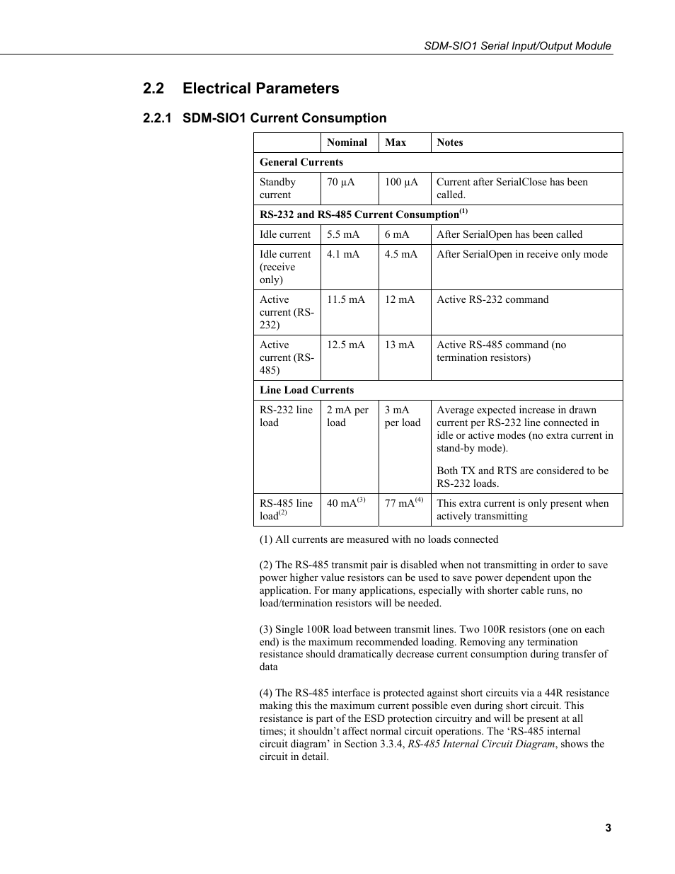 2 electrical parameters, 1 sdm-sio1 current consumption, Electrical parameters | Sdm-sio1 current consumption | Campbell Scientific SDM-SIO1 Serial Input/Output Module User Manual | Page 9 / 34