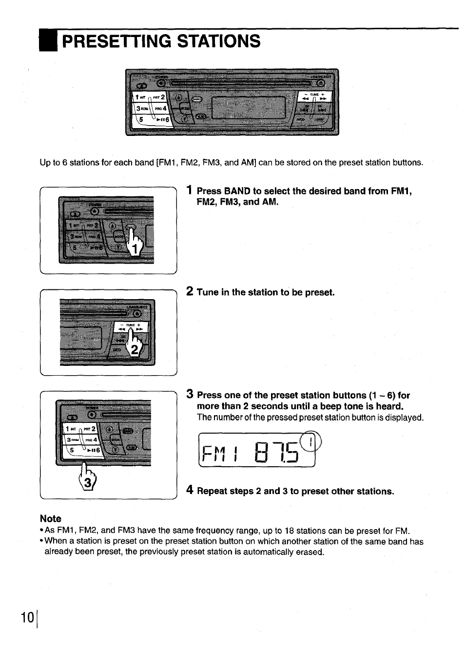 Presetting stations, 2 tune in the station to be preset, 4 repeat steps 2 and 3 to preset other stations | Note | Aiwa CDC-XI User Manual | Page 10 / 52