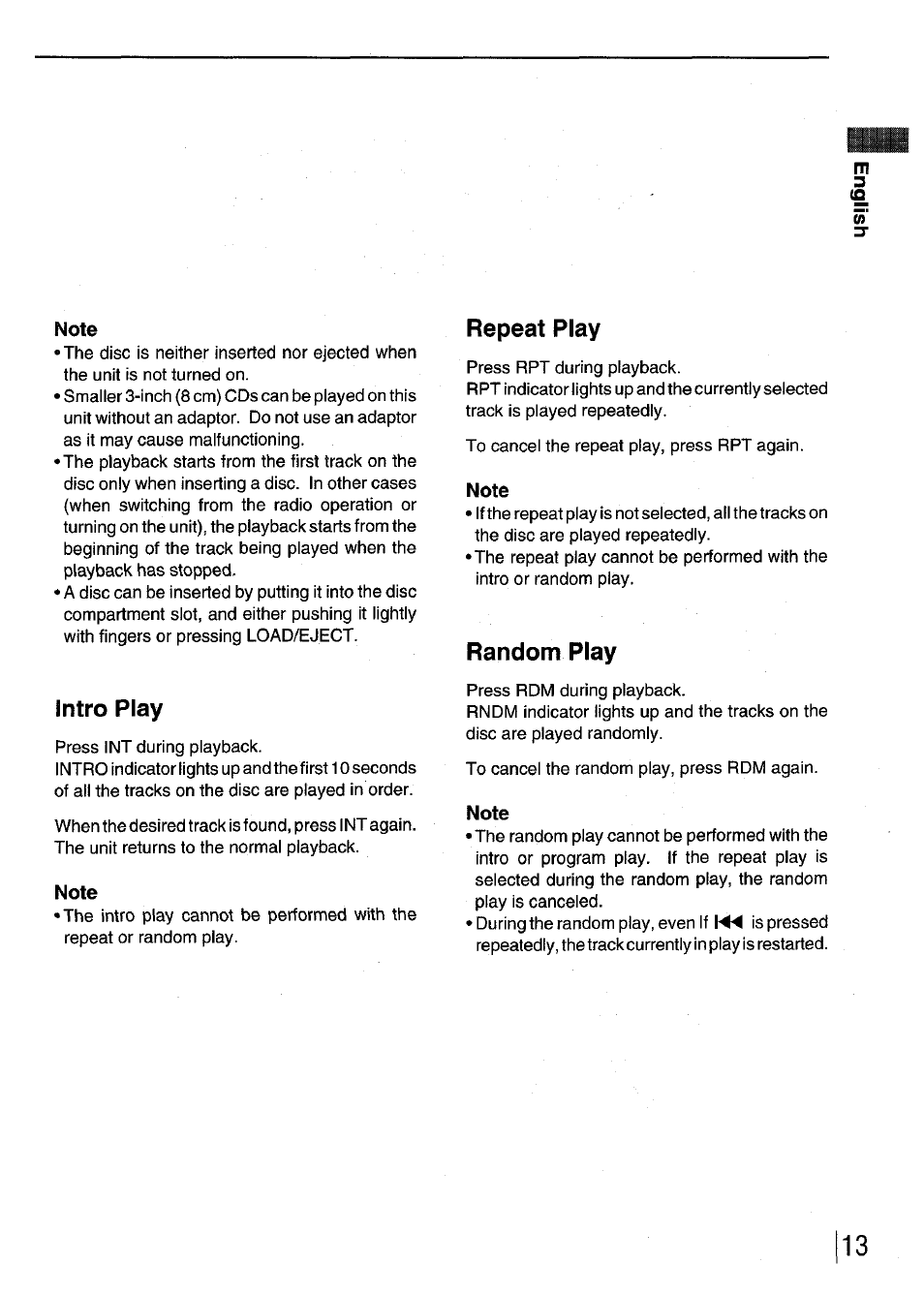 Note, Intro play, Repeat play | Random play | Aiwa CDC-XI User Manual | Page 13 / 52