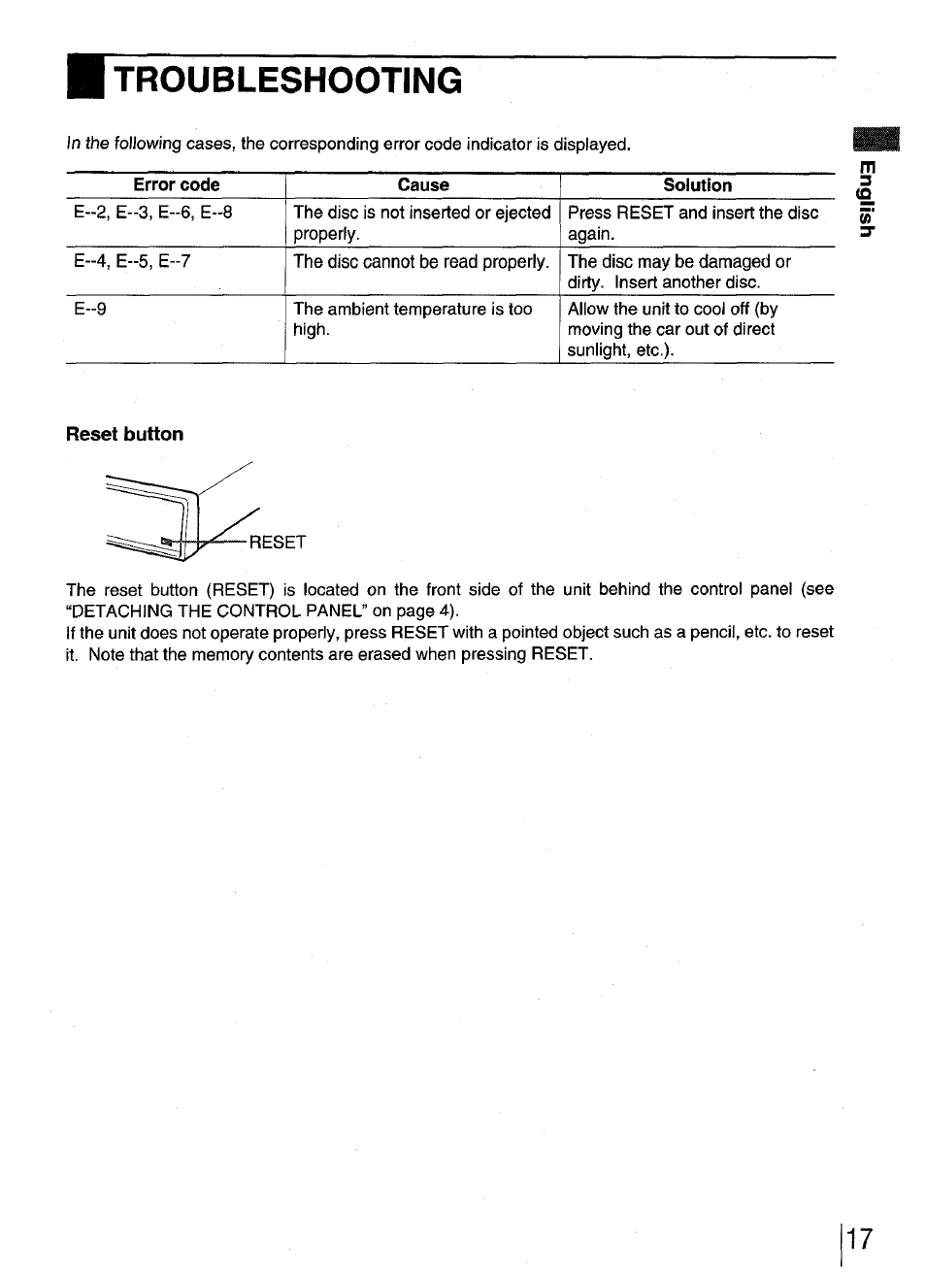 Troubleshooting, Reset button | Aiwa CDC-XI User Manual | Page 17 / 52