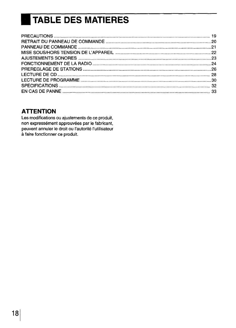 Table des matieres, Attention | Aiwa CDC-XI User Manual | Page 18 / 52