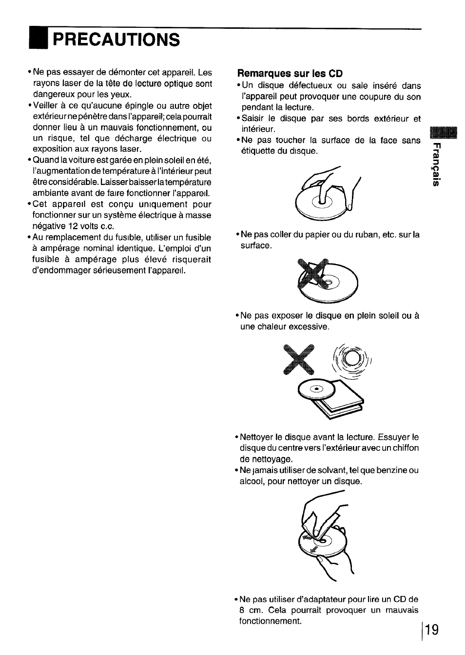 Precautions, Remarques sur les cd | Aiwa CDC-XI User Manual | Page 19 / 52