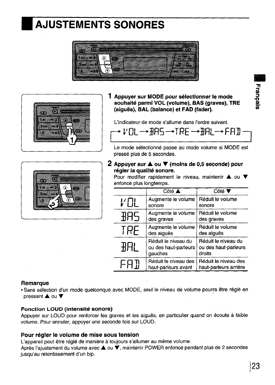 Ajustements sonores, Remarque, Pour régler le volume de mise sous tension | V ol —5r5 —tre —îrl— fru, T'dl, 0) 3 «o fi) | Aiwa CDC-XI User Manual | Page 23 / 52