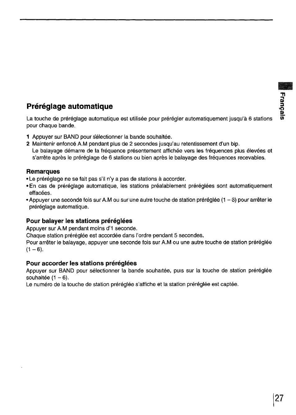 Préréglage automatique, Remarques, Pour balayer les stations préréglées | Pour accorder les stations préréglées, O fi) | Aiwa CDC-XI User Manual | Page 27 / 52