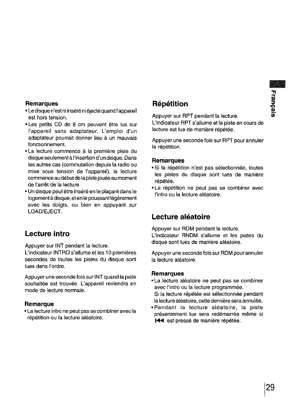 Remarques, Lecture intro, Remarque | Répétition, Lecture aiéatoire | Aiwa CDC-XI User Manual | Page 29 / 52