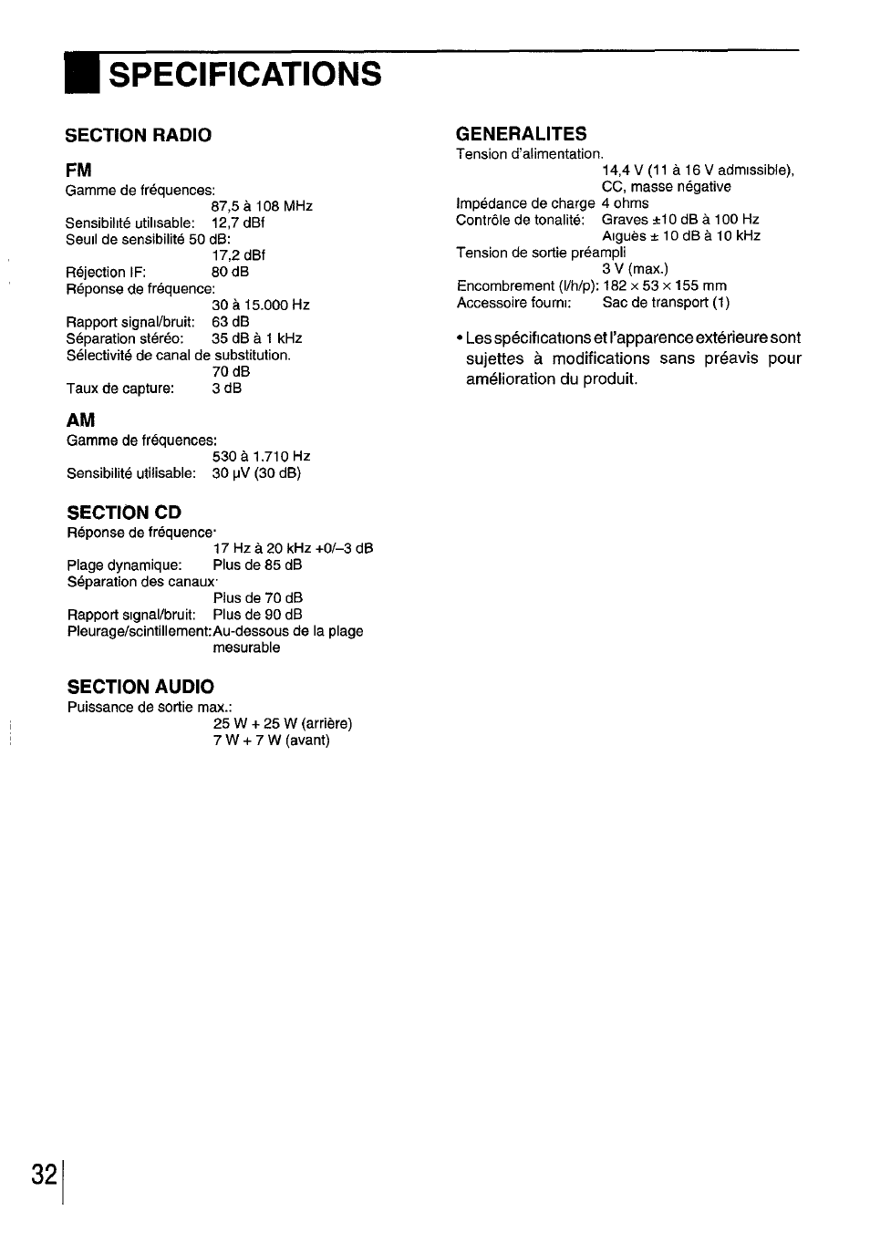 Specifications, Section radio fm, Generalites | Section cd, Section audio | Aiwa CDC-XI User Manual | Page 32 / 52