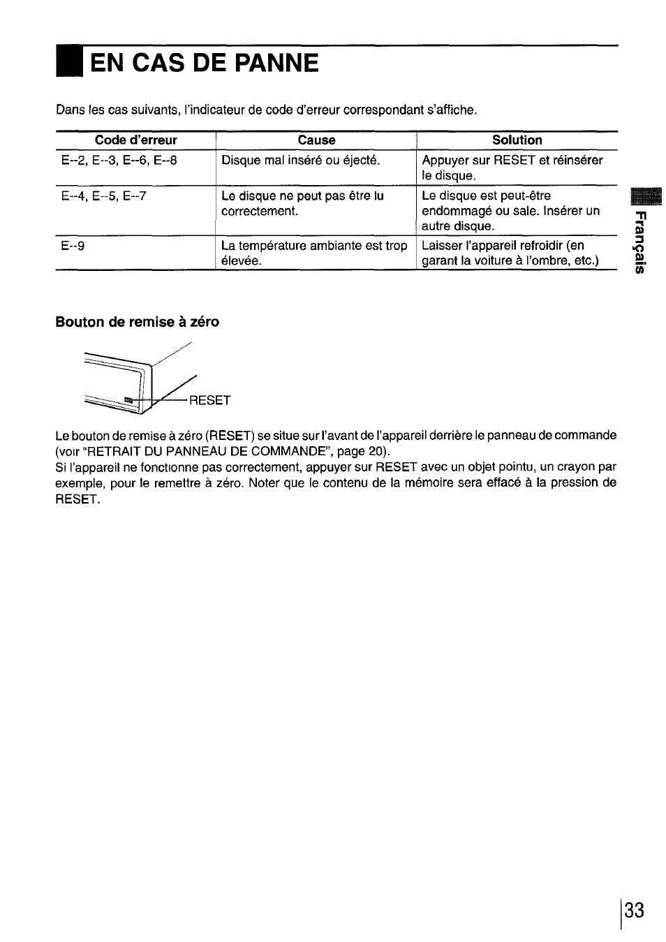 En cas de panne, Bouton de remise à zéro, 3' bouton de remise à zéro | Code d’erreur cause solution | Aiwa CDC-XI User Manual | Page 33 / 52