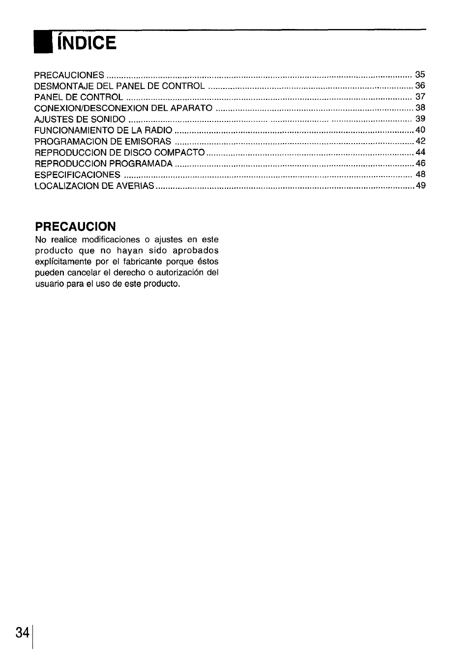 Indice, Precaucion | Aiwa CDC-XI User Manual | Page 34 / 52