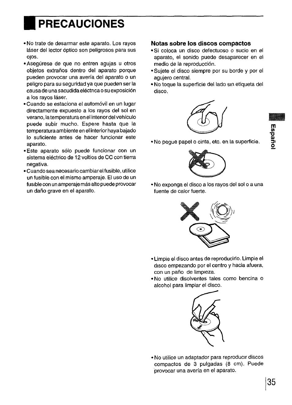 Precauciones, Notas sobre los discos compactos | Aiwa CDC-XI User Manual | Page 35 / 52