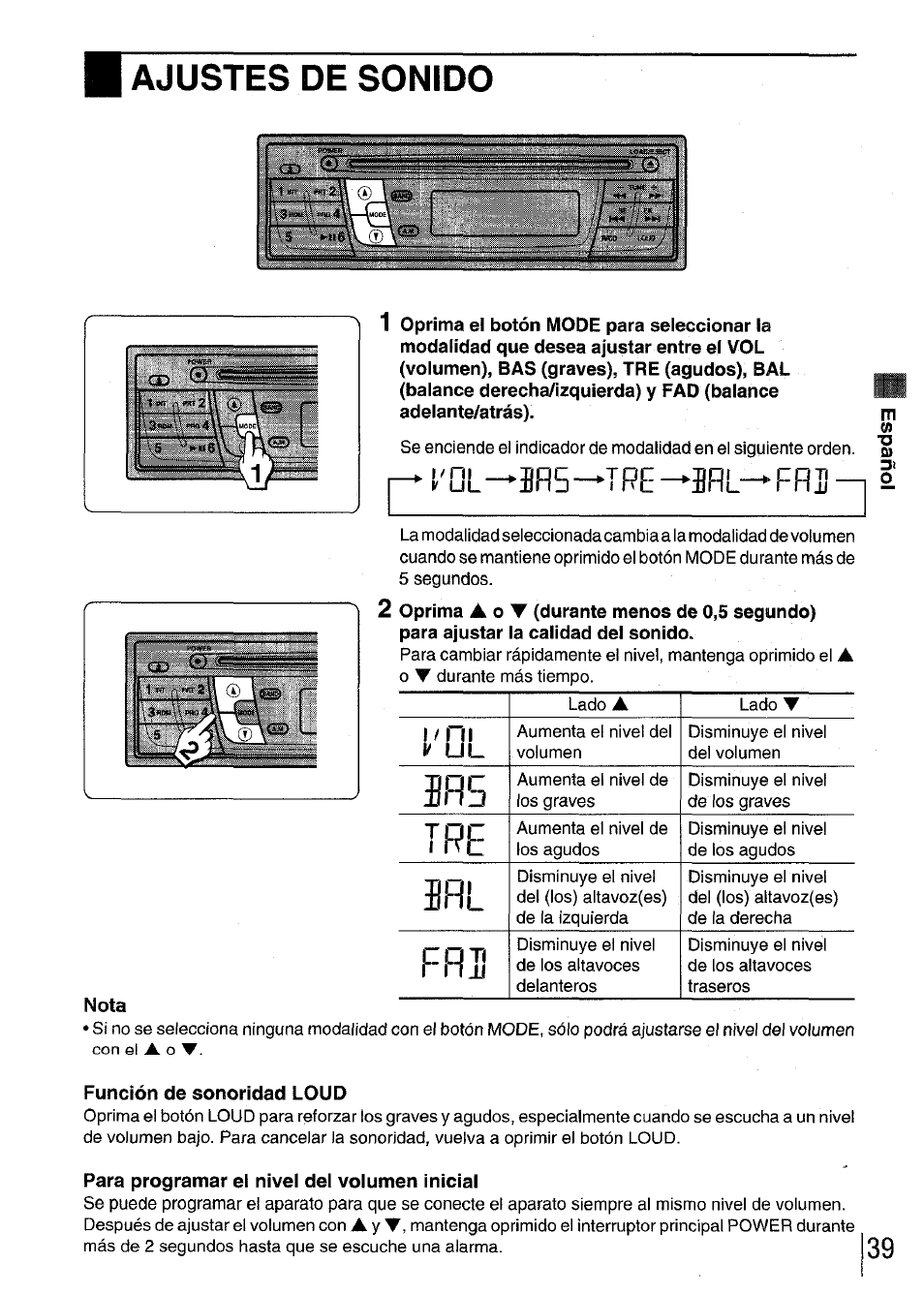 Ajustes de sonido, Nota, Función de sonoridad loud | Para programar el nivel del volumen inicial, Ir5—tfíe^rl^fri, Th*e | Aiwa CDC-XI User Manual | Page 39 / 52