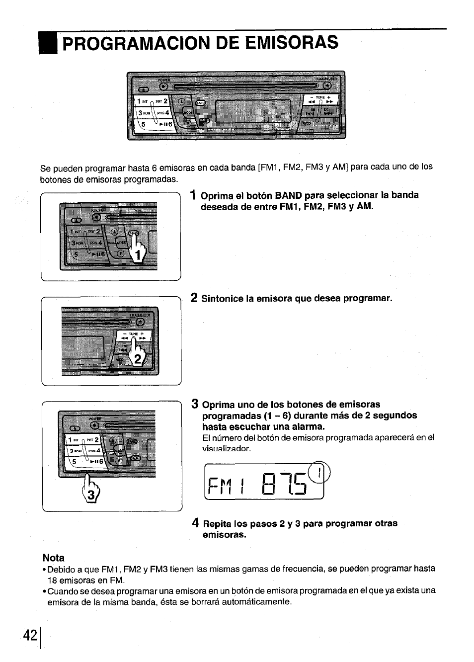 Programacion de emisoras, 2 sintonice la emisora que desea programar, 3 oprima uno de los botones de emisoras | Nota | Aiwa CDC-XI User Manual | Page 42 / 52