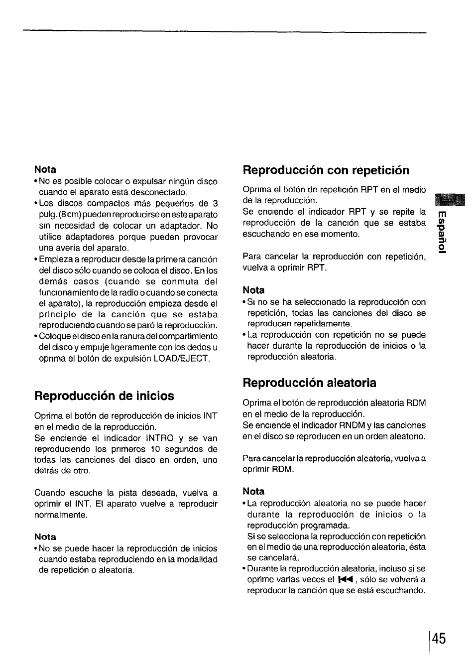 Nota, Reproducción con repetición, Reproducción de inicios | Reproducción aieatoria | Aiwa CDC-XI User Manual | Page 45 / 52