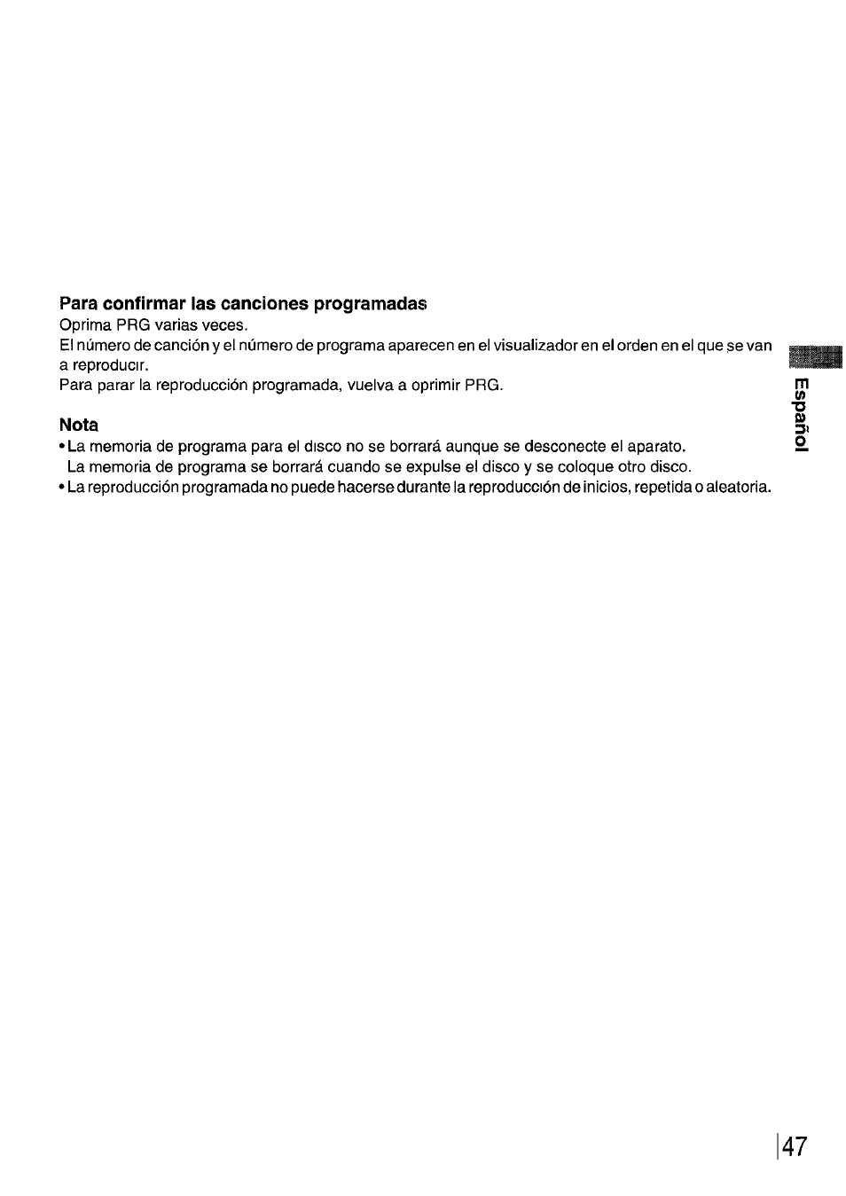 Para confirmar las canciones programadas, Nota | Aiwa CDC-XI User Manual | Page 47 / 52