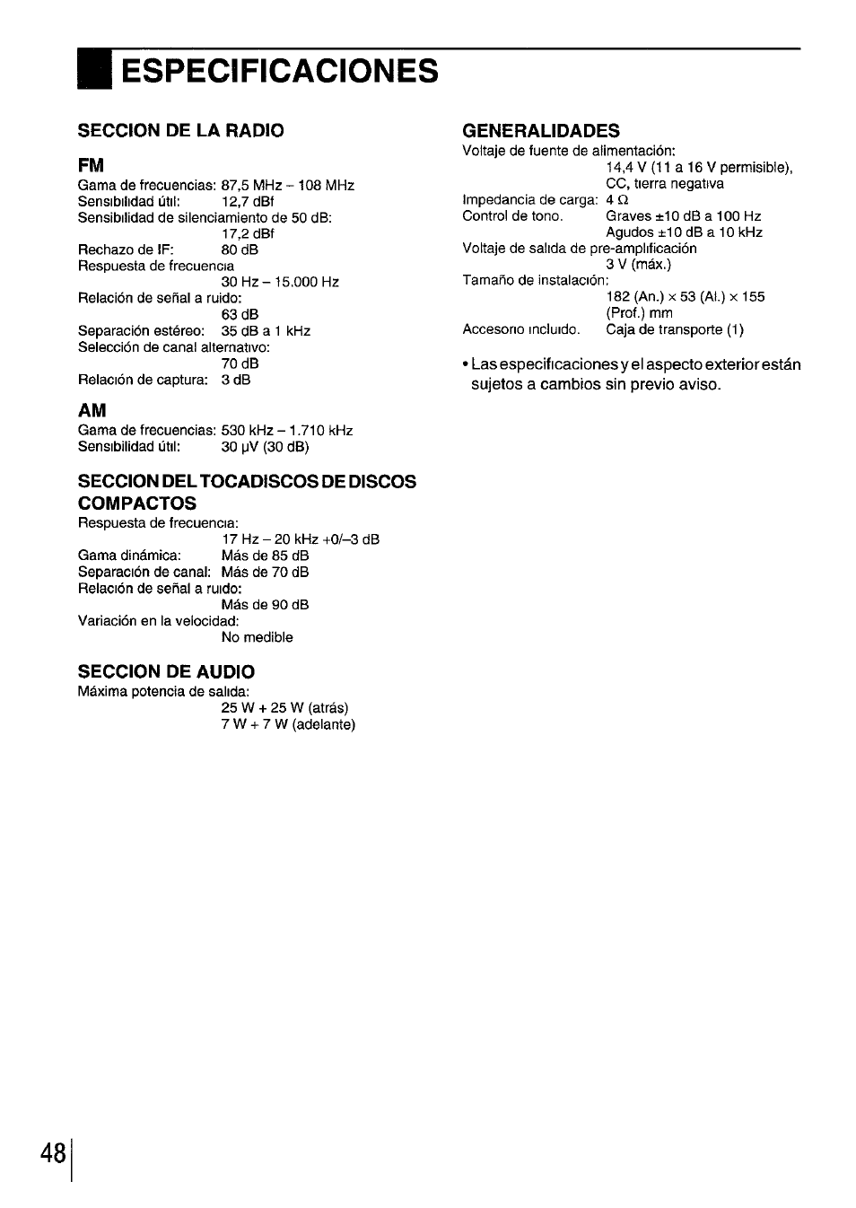 Especificaciones, Seccion de la radio fm, Seccion del tocadiscos de discos compactos | Seccion de audio, Generalidades | Aiwa CDC-XI User Manual | Page 48 / 52