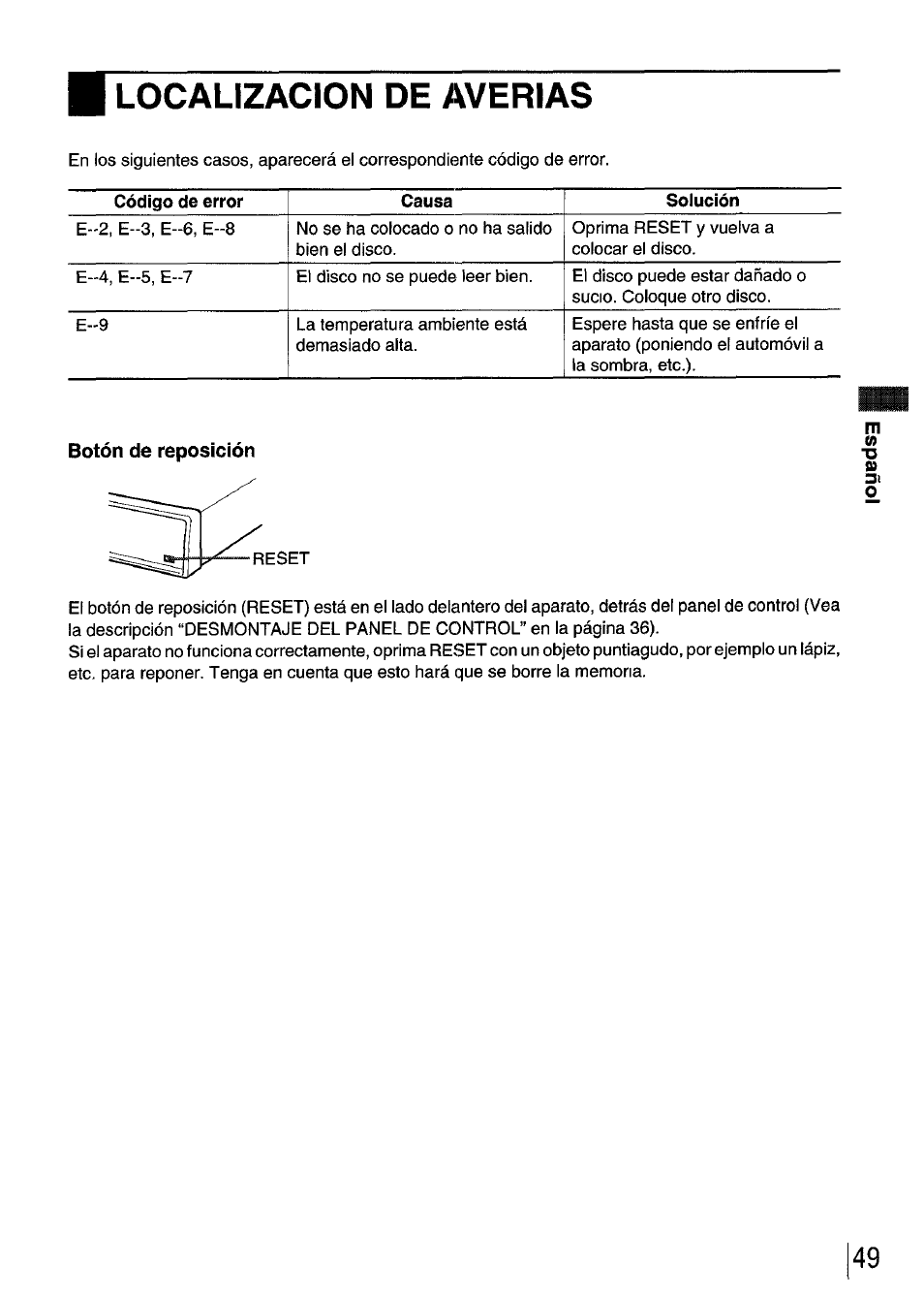 Localizacion de averias, Botón de reposición, Botón de reposición m | Aiwa CDC-XI User Manual | Page 49 / 52