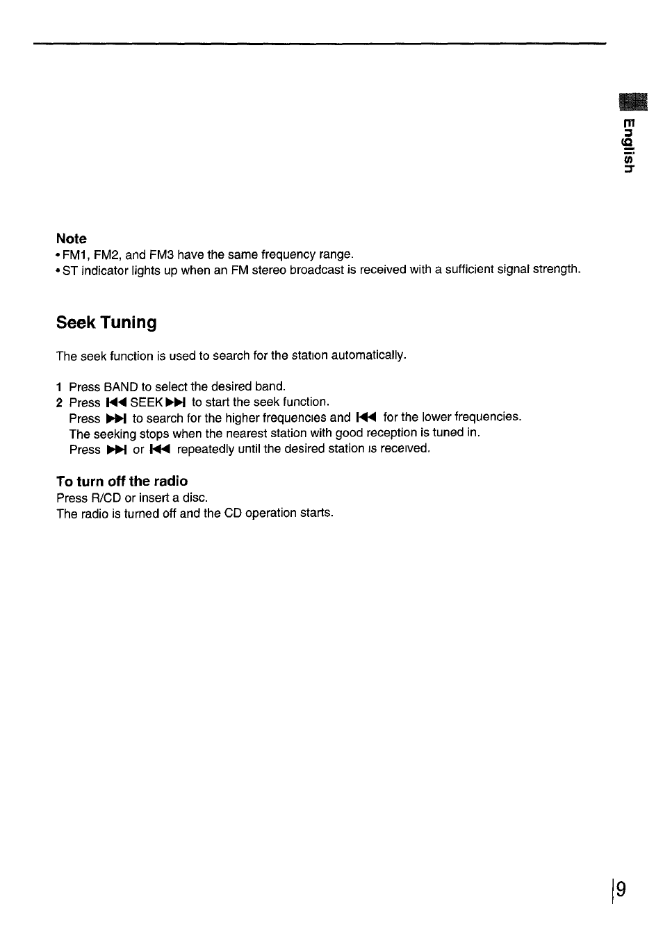 Note, Seek tuning, To turn off the radio | M3 (q | Aiwa CDC-XI User Manual | Page 9 / 52