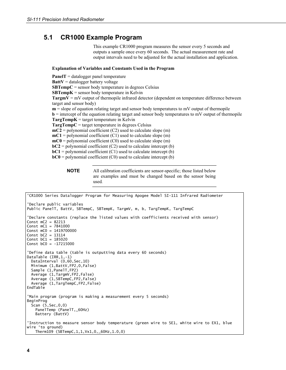1 cr1000 example program, Cr1000 example program | Campbell Scientific SI-111 (IRR-P) Precision Infrared Radiometer User Manual | Page 10 / 18