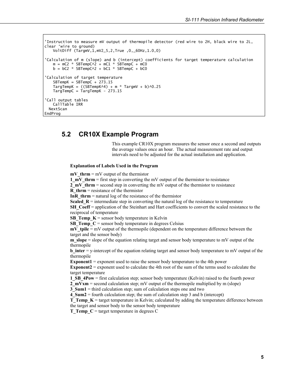 2 cr10x example program, Cr10x example program | Campbell Scientific SI-111 (IRR-P) Precision Infrared Radiometer User Manual | Page 11 / 18