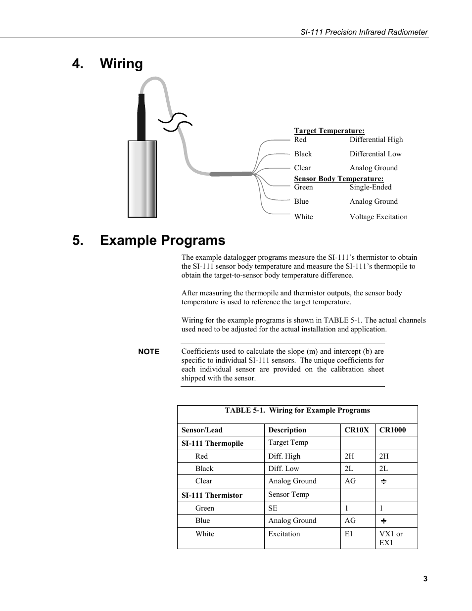 Wiring, Example programs, 1. wiring for example programs | Campbell Scientific SI-111 (IRR-P) Precision Infrared Radiometer User Manual | Page 9 / 18