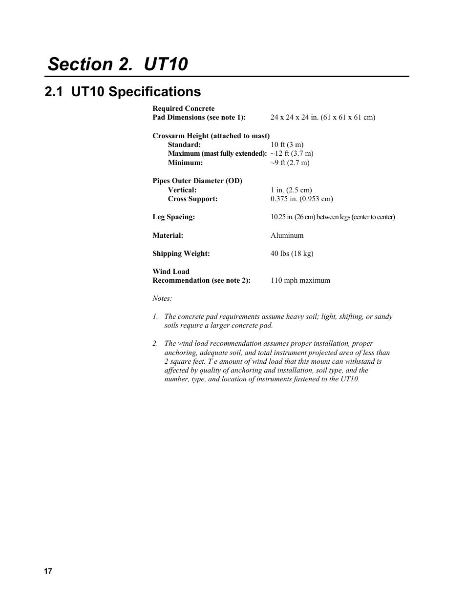 1 ut10 specifications | Campbell Scientific Solar1000 Station User Manual | Page 21 / 65