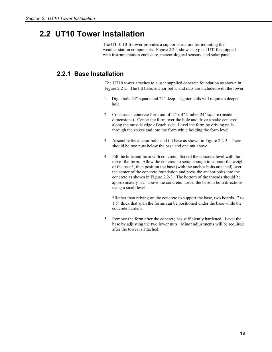 2 ut10 tower installation, 2.1 base installation | Campbell Scientific Solar1000 Station User Manual | Page 22 / 65