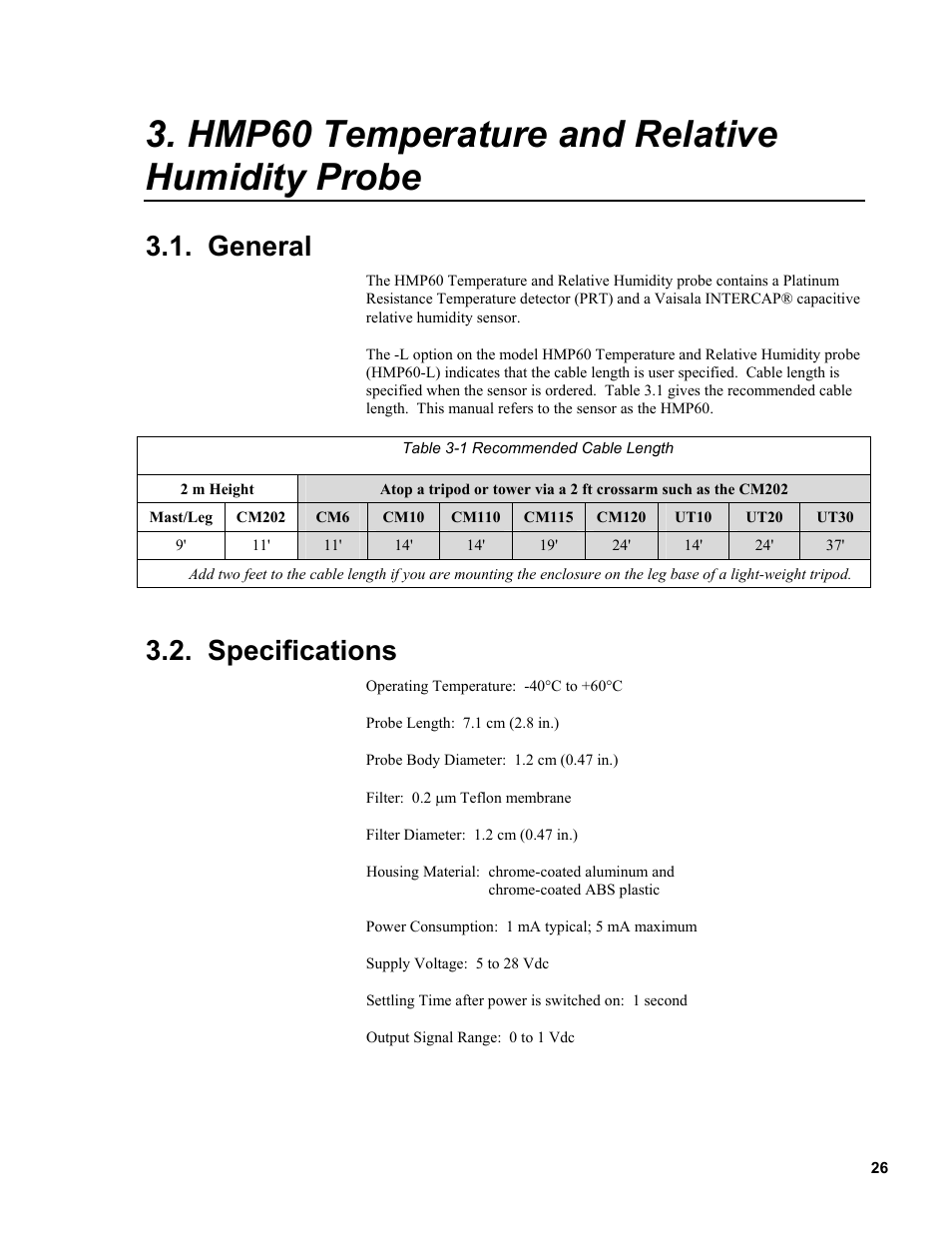 Hmp60 temperature and relative humidity probe, General, Specifications | Campbell Scientific Solar1000 Station User Manual | Page 30 / 65