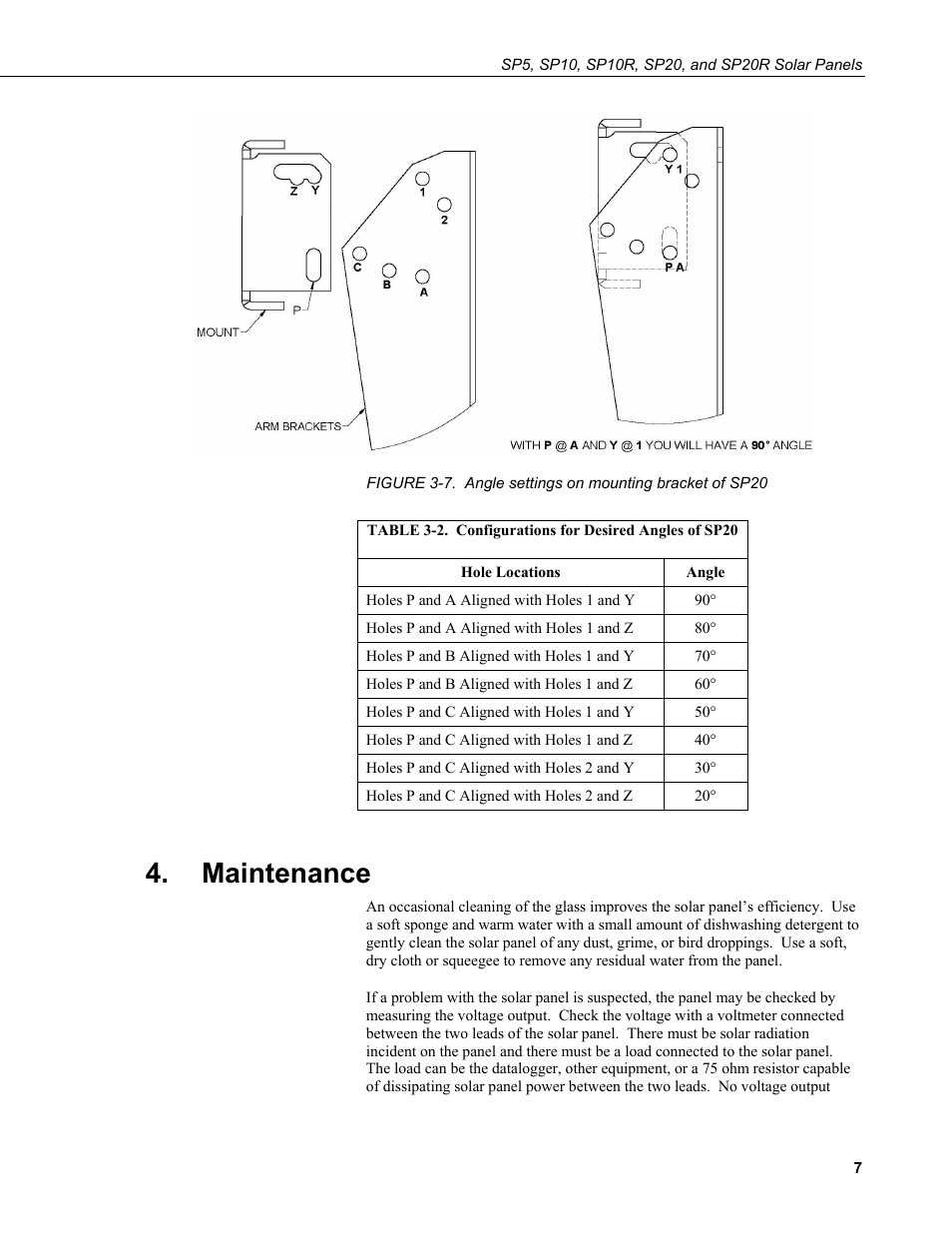 Maintenance, 7. angle settings on mounting bracket of sp20, 2. configurations for desired angles of sp20 | Campbell Scientific SP10, SP10R, SP20, & SP20R Solar Panels User Manual | Page 13 / 18
