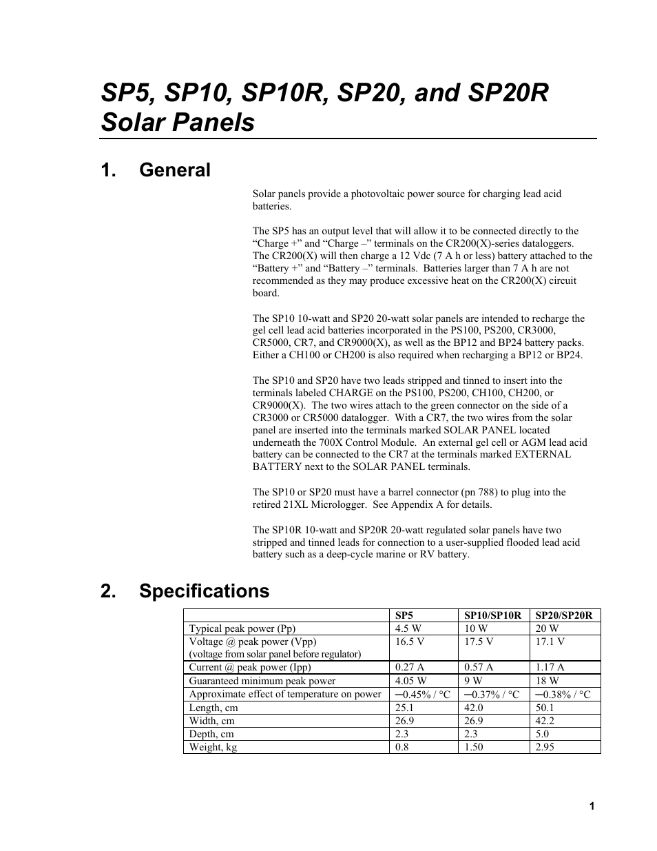 General, Specifications | Campbell Scientific SP10, SP10R, SP20, & SP20R Solar Panels User Manual | Page 7 / 18