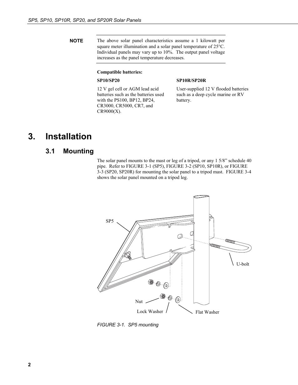 Installation, 1 mounting, Mounting | 1. sp5 | Campbell Scientific SP10, SP10R, SP20, & SP20R Solar Panels User Manual | Page 8 / 18