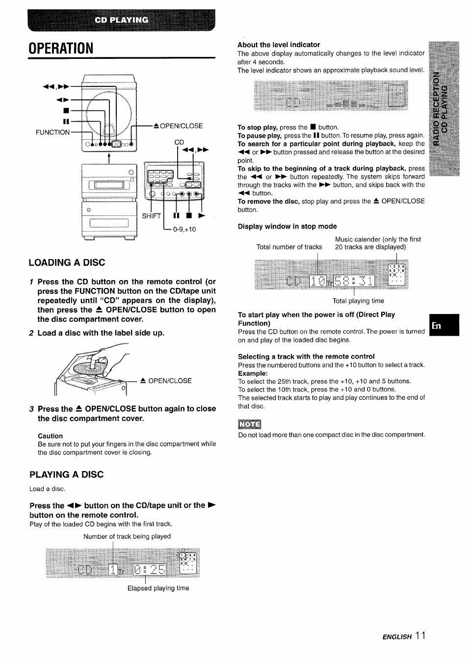 Operation, Loading a disc, Caution | About the ievel indicator, Display window in stop mode, Selecting a track with the remote control, Playing a disc, D :d:r 0;;2e | Aiwa XR-M88 User Manual | Page 11 / 76