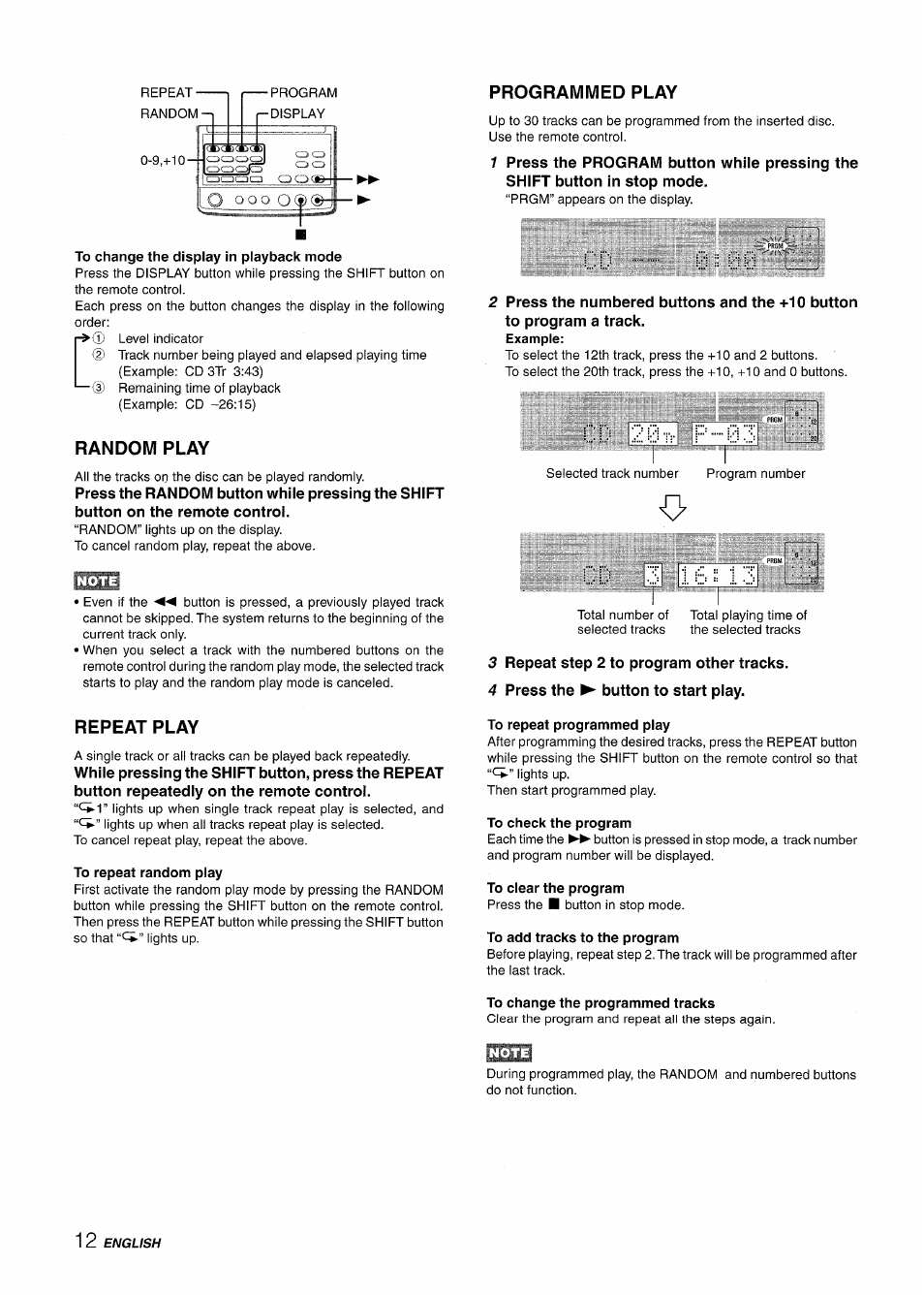 To change the display in playback mode, Random play, Repeat play | To repeat random play, Programmed play, To repeat programmed play, To check the program, To clear the program, To add tracks to the program, To change the programmed tracks | Aiwa XR-M88 User Manual | Page 12 / 76