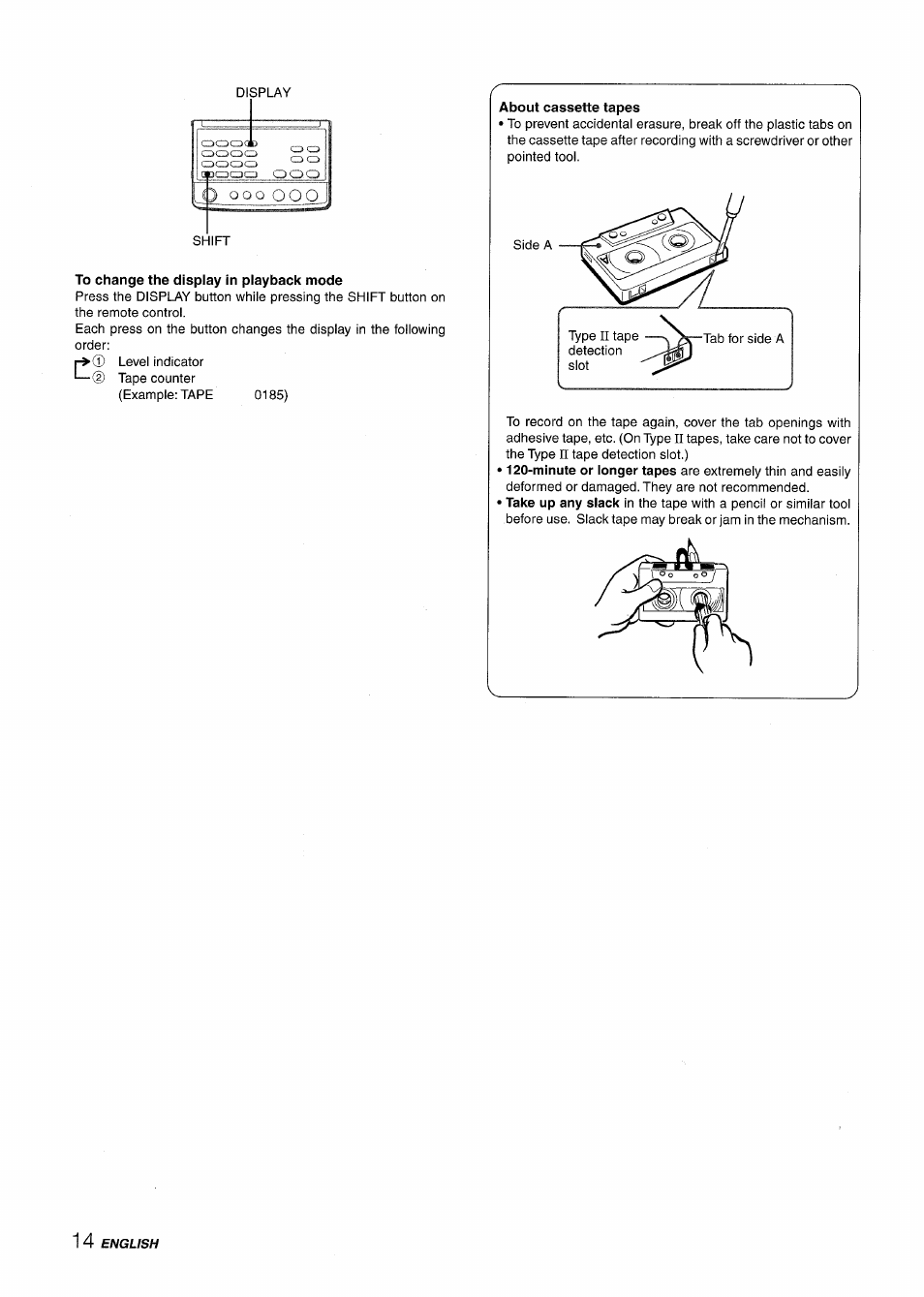 To change the display in playback mode, About cassette tapes | Aiwa XR-M88 User Manual | Page 14 / 76