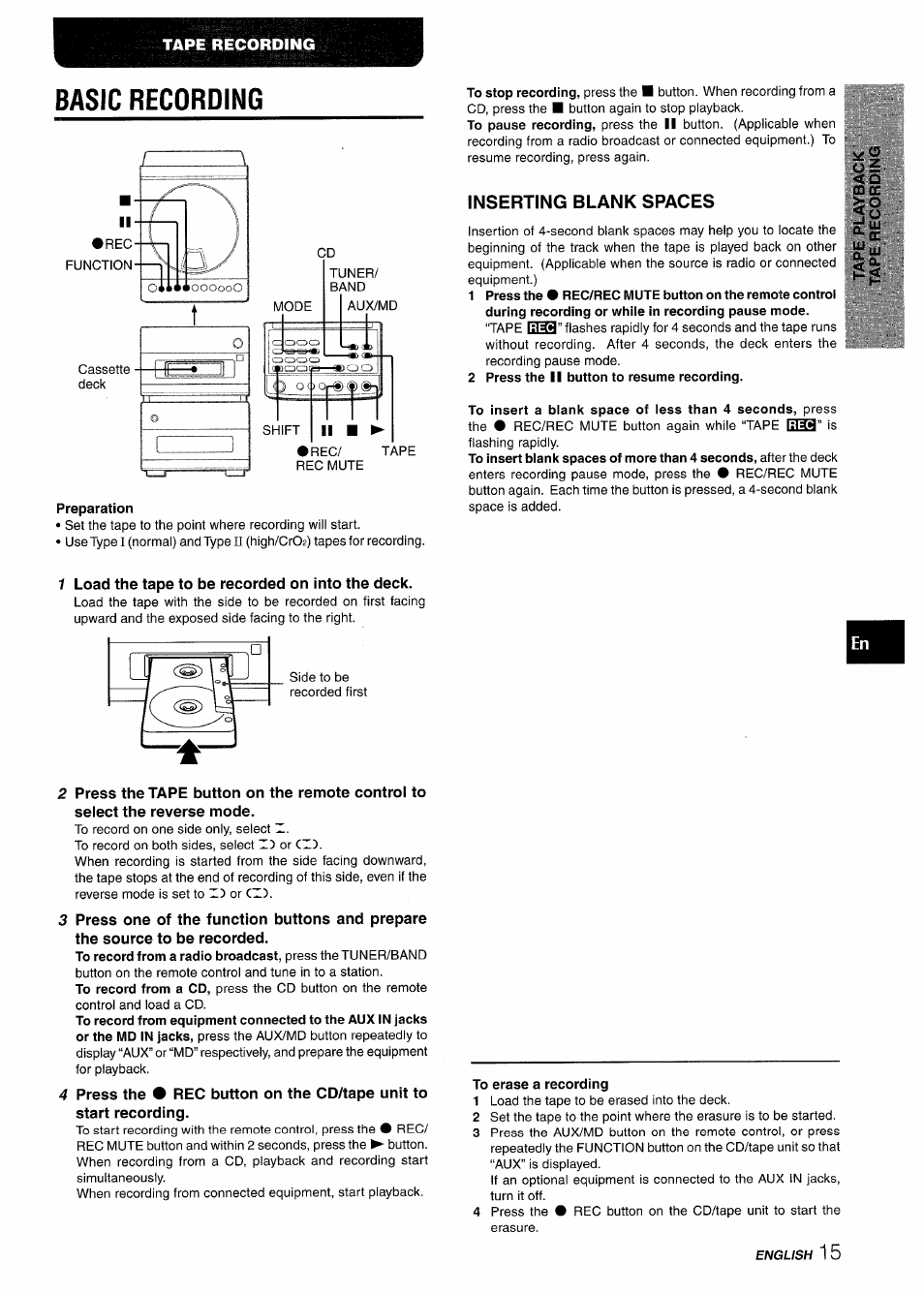 Basic recording, Preparation, Inserting blank spaces | 1 load the tape to be recorded on into the deck, Operation | Aiwa XR-M88 User Manual | Page 15 / 76
