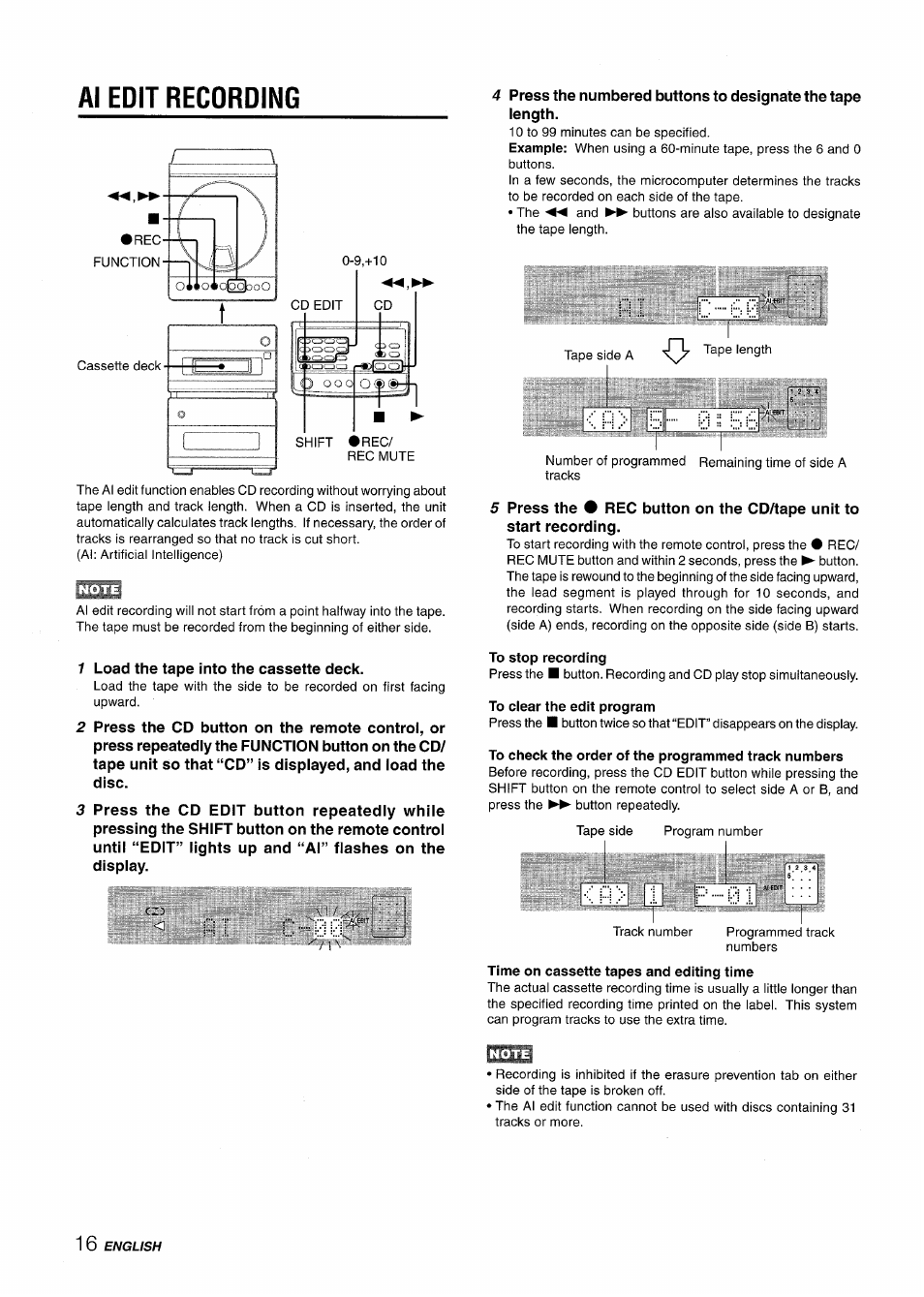 Al edit recording, To stop recording, To check the order of the programmed track numbers | Ii hi > t 1 | Aiwa XR-M88 User Manual | Page 16 / 76