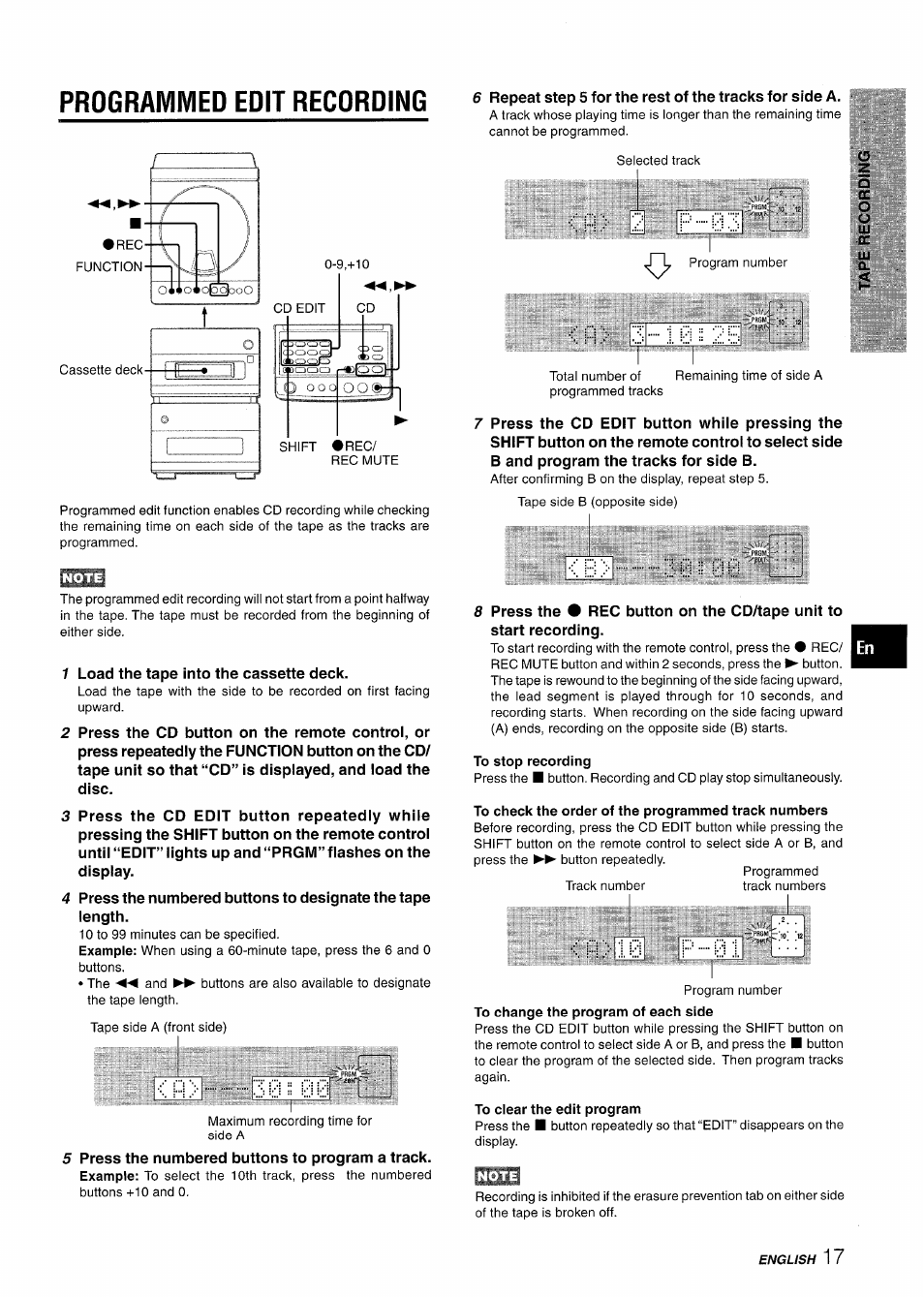 Programmed edit recording, To stop recording, To check the order of the programmed track numbers | To clear the edit program | Aiwa XR-M88 User Manual | Page 17 / 76