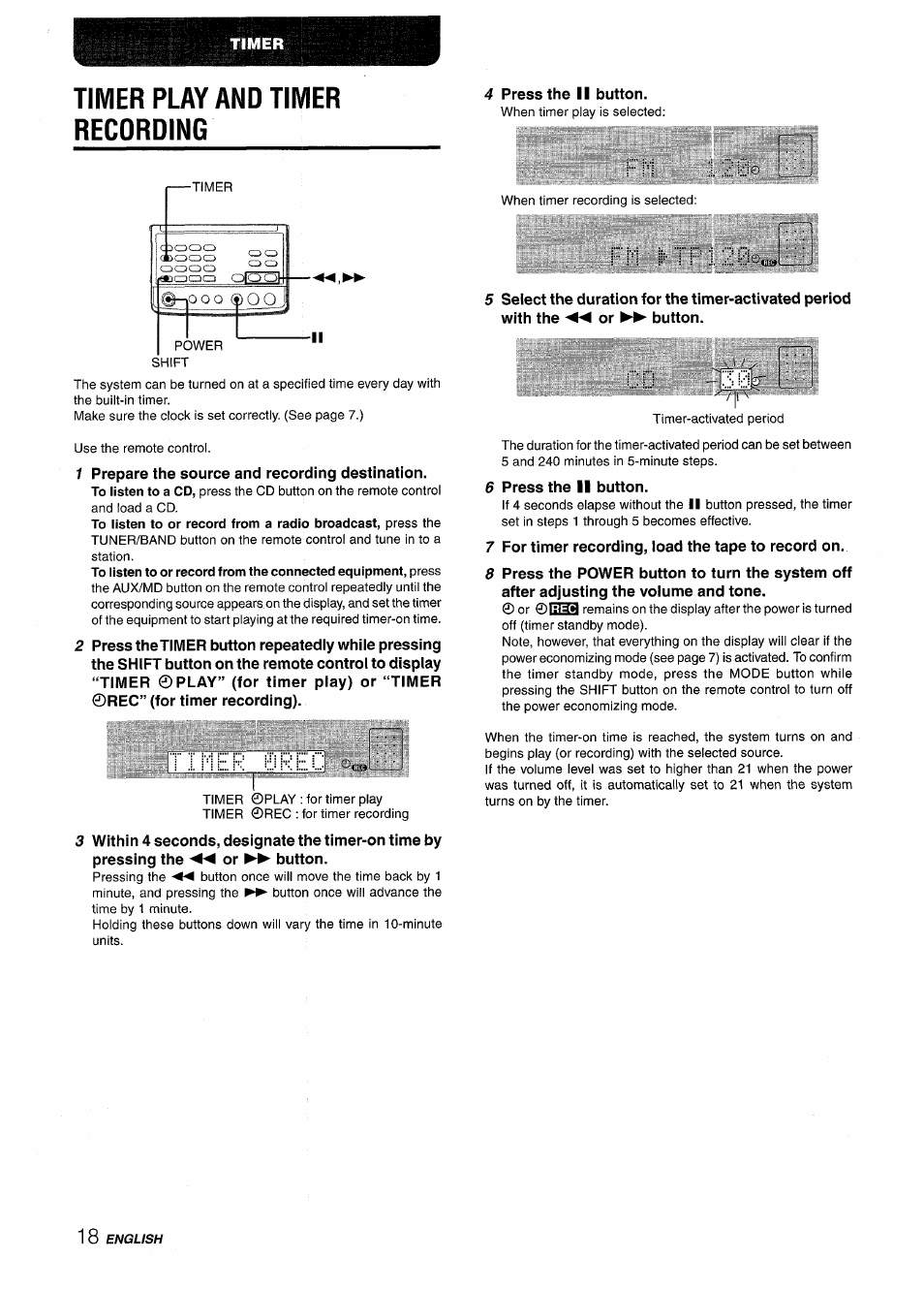 Timer play and timer recording, Timer play andtimer recording, Timer 0rec | Em r120 | Aiwa XR-M88 User Manual | Page 18 / 76