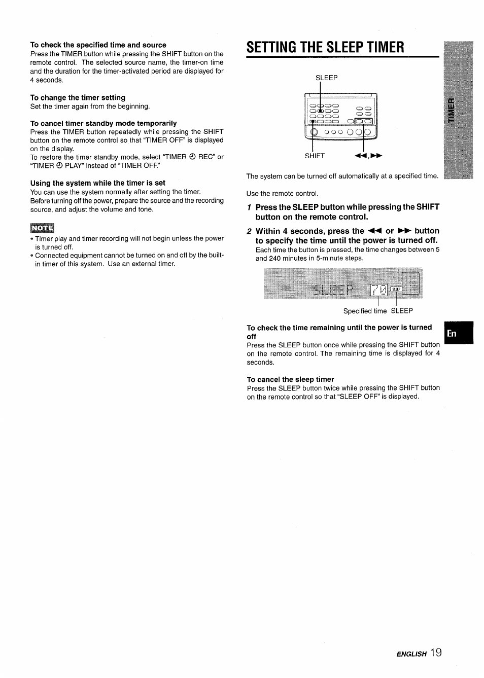 To check the specified time and source, To change the timer setting, To cancel timer standby mode temporarily | Using the system whiie the timer is set, Sening the sleep timer, To cancel the sleep timer, Setting the sleep timer, Sle-lep i?0 | Aiwa XR-M88 User Manual | Page 19 / 76