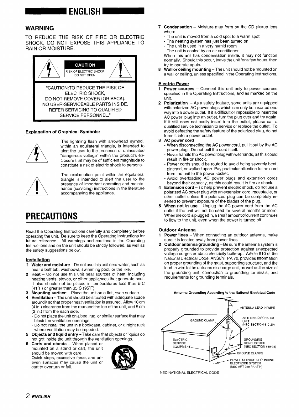 English, Warning, Precautions | Aiwa XR-M88 User Manual | Page 2 / 76