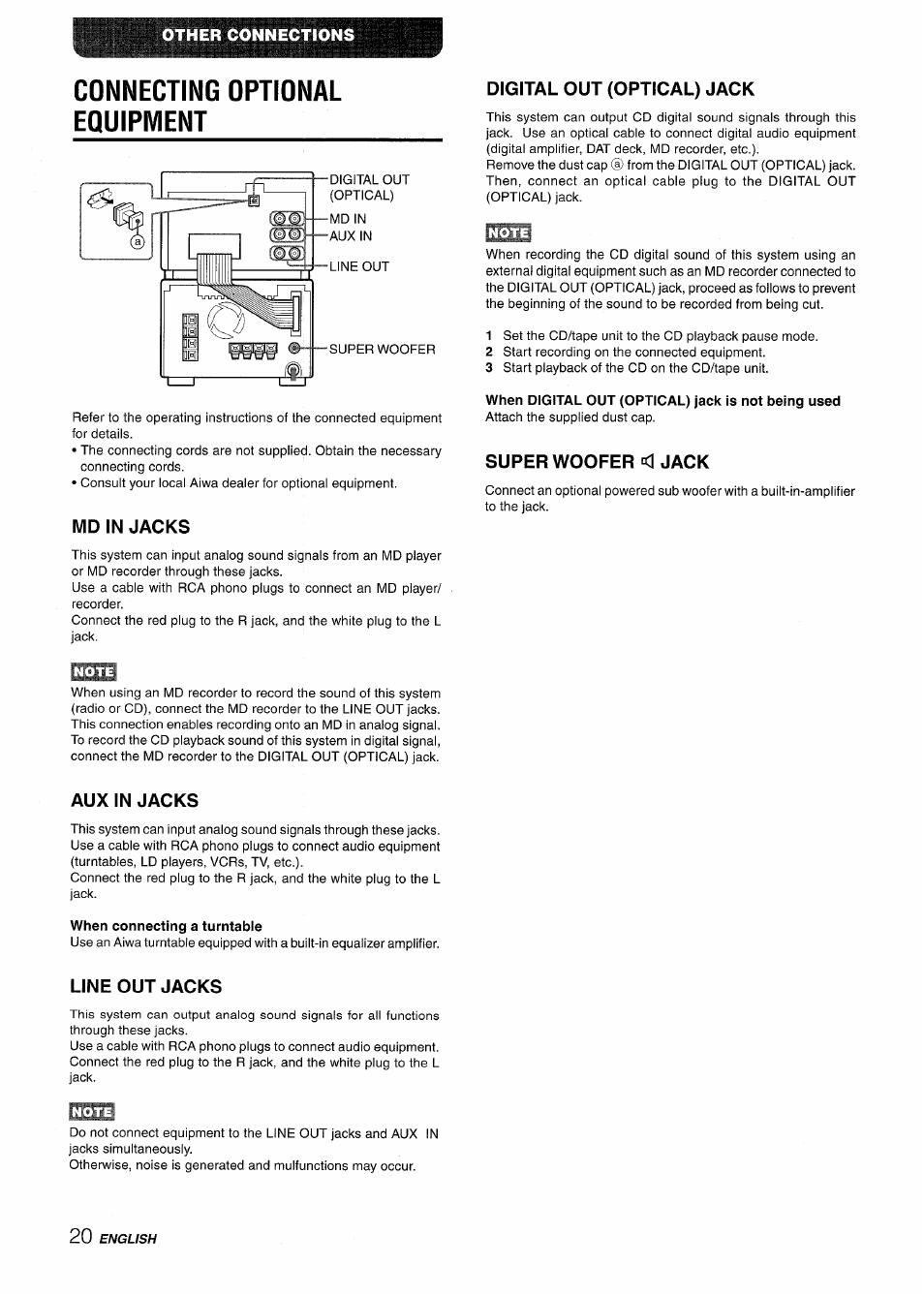 Connecting optional equipment, Md in jacks, Digital out (optical) jack | When digital out (optical) jack is not being used, Superwoofer <1 jack, Aux in jacks, When connecting a turntable, Line out jacks | Aiwa XR-M88 User Manual | Page 20 / 76