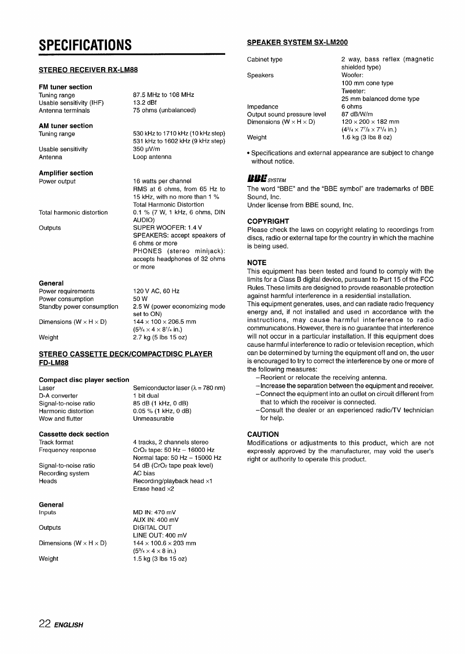 Specifications, Speaker system sx-lm200, Stereo receiver rx-lm88 | Fm tuner section, Am tuner section, Amplifier section, Generai, Stereo cassette deck/compactdisc player fd-lm88, Compact disc piayer section, Cassette deck section | Aiwa XR-M88 User Manual | Page 22 / 76