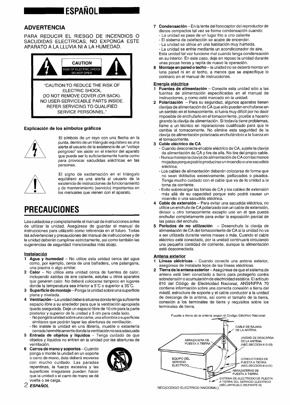 Españoli, Advertencia, Precauciones | Precautions | Aiwa XR-M88 User Manual | Page 26 / 76