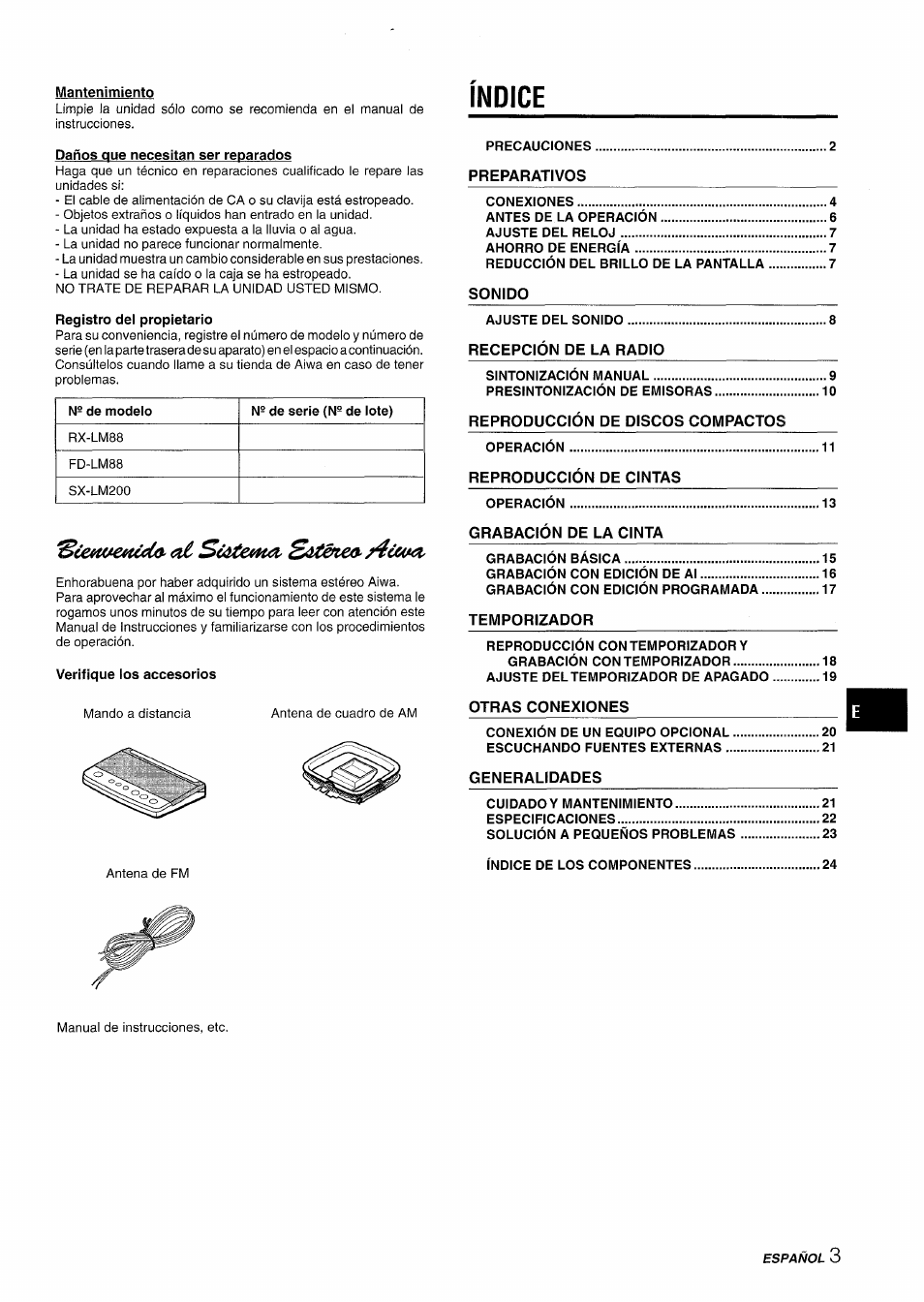 Mantenimiento, Daños que necesitan ser reparados, Registro del propietario | Indice, Verifique ios accesorios, Oí scátema. s^téneo'/4, Ócímz | Aiwa XR-M88 User Manual | Page 27 / 76