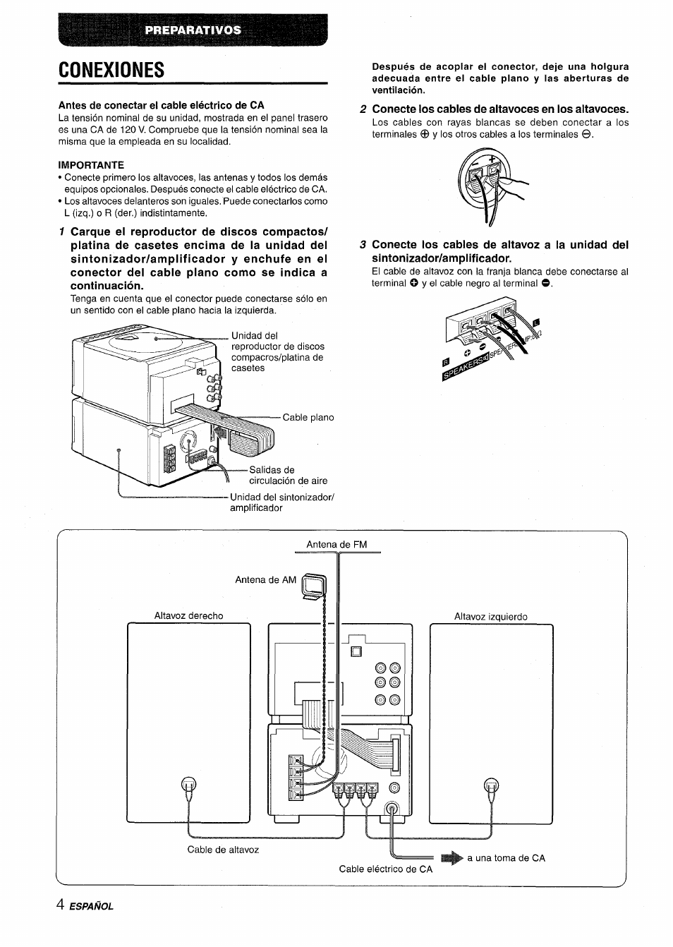 Conexiones, Antes de conectar el cable eléctrico de ca, Importante | Aiwa XR-M88 User Manual | Page 28 / 76