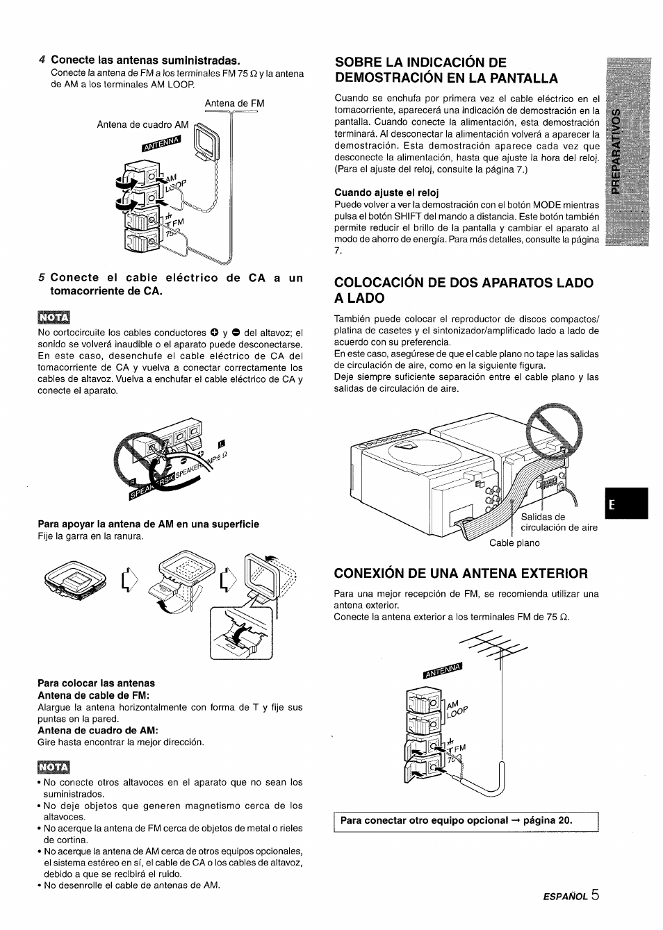 Conecte tas antenas suministradas, Para apoyar la antena de am en una superficie, Para colocar las antenas antena de cable de fm | Sobre la indicacion de demostración en la pantalla, Cuando ajuste el reloj, Colocación de dos aparatos lado a lado, Conexión de una antena exterior | Aiwa XR-M88 User Manual | Page 29 / 76