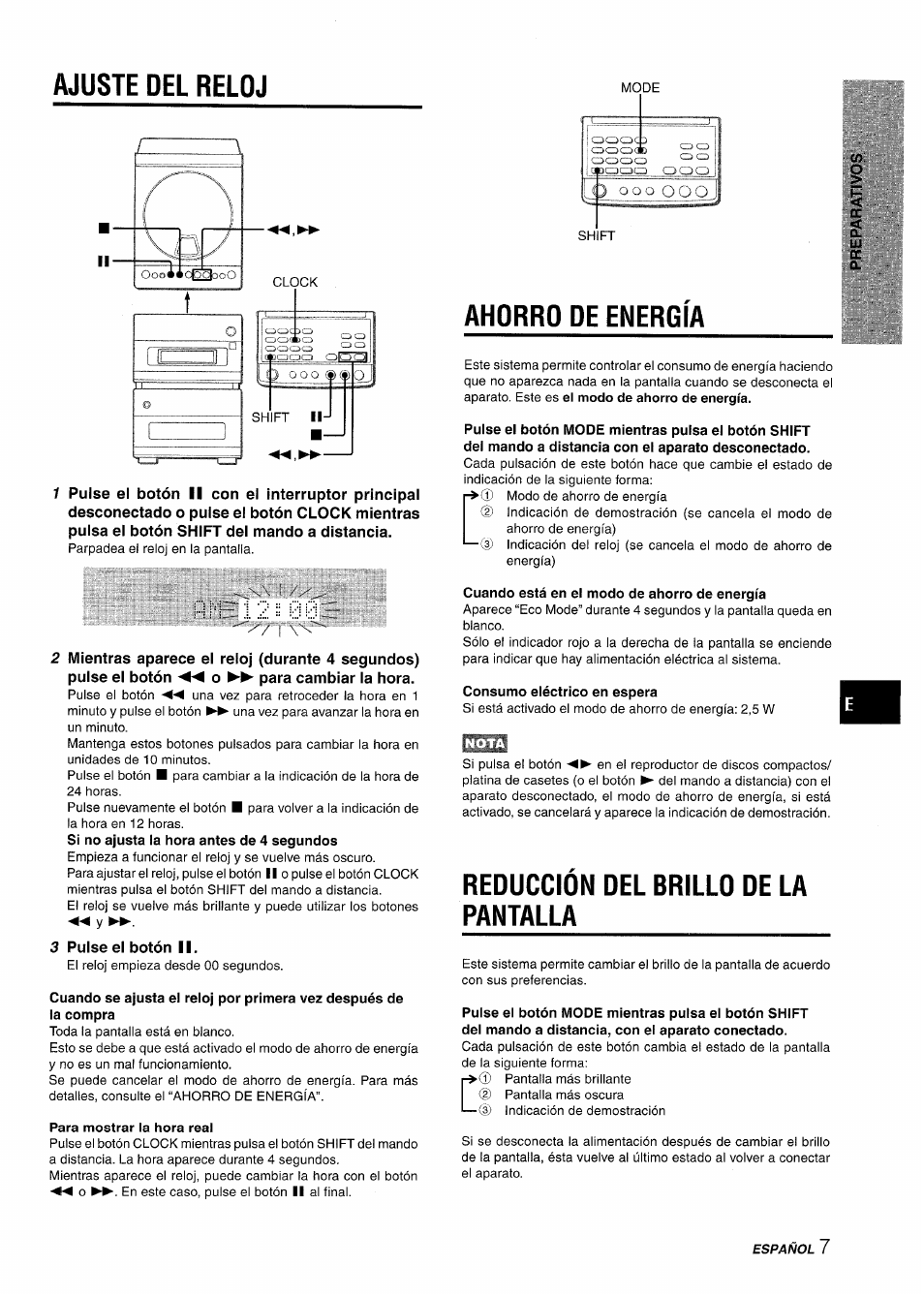 Ajuste del reloj, 3 pulse el botón ii, Ahorro de energía | Cuando está en el modo de ahorro de energía, Consumo eléctrico en espera, Reduccion del brillo de la pantalla, Ajuste del reloj ahorro de energía, Reducción del brillo de la pantalla, O o o, I .i:: ' i:::i í::i | Aiwa XR-M88 User Manual | Page 31 / 76