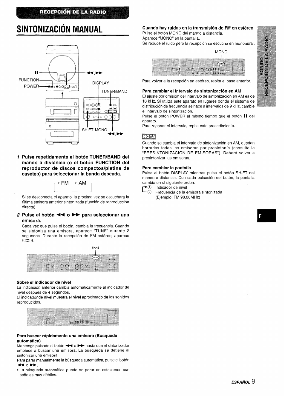 Sintonización manual, Para cambiar el intervalo de sintonización en am, Para cambiar la pantalla | Sobre el indicador de nivel, Recepcion de la radio | Aiwa XR-M88 User Manual | Page 33 / 76