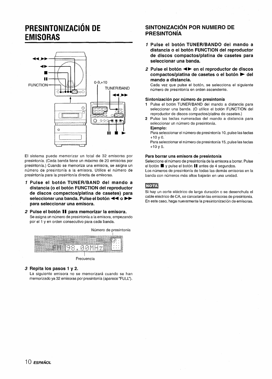 Presintonizacion de emisoras, Sintonizacion por numero de presintonía, Sintonización por número de presintonía | Para borrar una emisora de presintonía, Presintonización de emisoras | Aiwa XR-M88 User Manual | Page 34 / 76