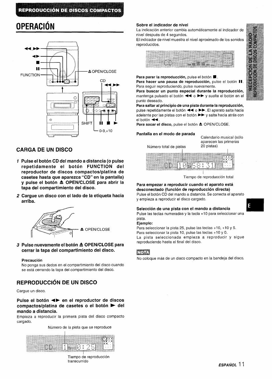 Operación, Carga de un disco, Precaución | Sobre el indicador de nívei, Pantalla en el modo de parada, Selección de una pista con el mando a distancia, Reproduccion de un disco, 10i:b0':;'3 i | Aiwa XR-M88 User Manual | Page 35 / 76