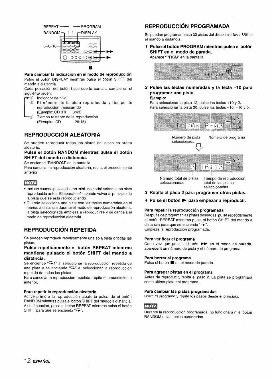 Reproduccion programada, Reproducción aleatoria, Reproducción repetida | Para repetir la reproducción aleatoria, Para repetir la reproducción programada, Para verificar el programa, Para borrar el programa, Para agregar pistas en el programa, Para cambiar las pistas programadas, Jd 20::-' p-03 | Aiwa XR-M88 User Manual | Page 36 / 76